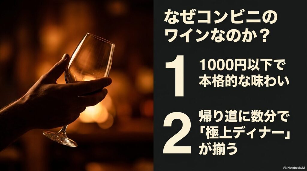 コンビニワインを選ぶ理由。1000円以下で本格的な味わいが楽しめ、帰り道に数分で極上ディナーが揃うメリット