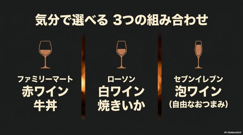 ファミリーマートの赤ワインと牛丼、ローソンの白ワインと焼きいか、セブンイレブンの泡ワインの気分で選べる3つの組み合わせ