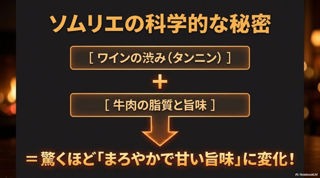 ワインの渋み成分であるタンニンと、牛肉の脂質と旨味が合わさることで、驚くほどまろやかで甘い旨味に変化する科学的な秘密