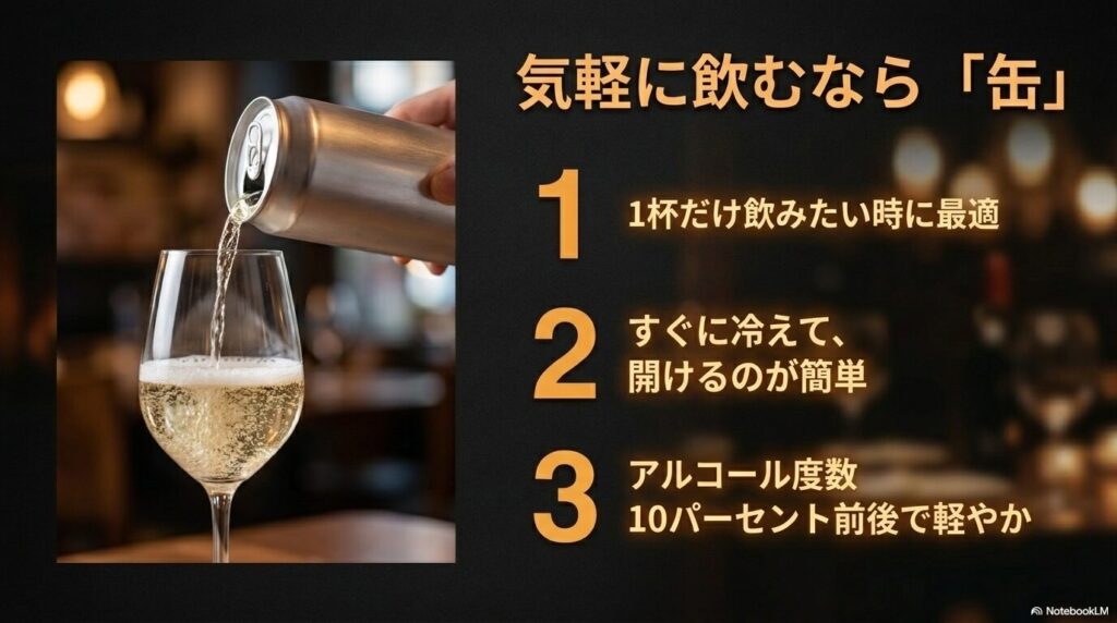 1杯だけ飲みたい時に最適で、すぐに冷えて開けるのが簡単、アルコール度数10パーセント前後で軽やかな缶ワインの魅力