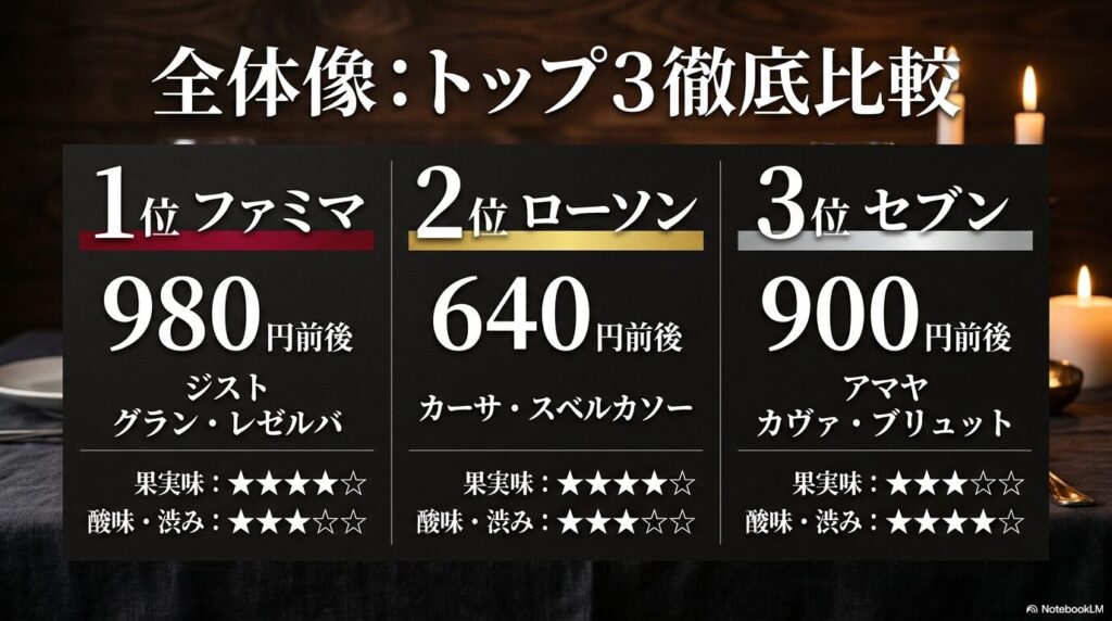 ファミマのジスト、ローソンのカーサ・スベルカソー、セブンのアマヤの価格、果実味、酸味・渋みを比較した評価一覧表