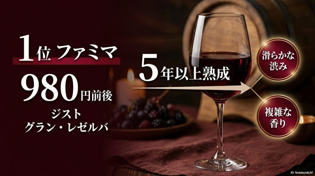 5年以上熟成されたファミマの赤ワイン「ジスト グラン・レゼルバ」(980円前後)の滑らかな渋みと複雑な香りの特徴