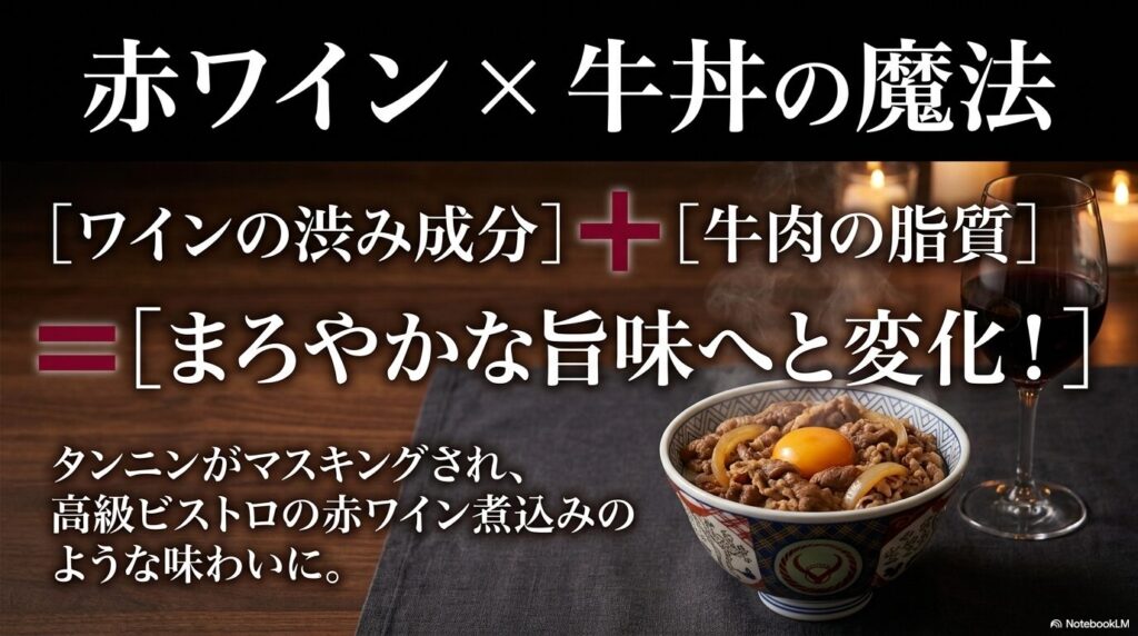 赤ワインの渋み(タンニン)と牛丼の脂質が合わさり、高級ビストロの赤ワイン煮込みのようなまろやかな旨味へと変化する魔法