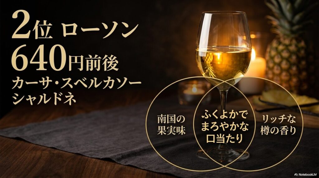 南国の果実味とリッチな樽の香りが特徴のローソンの白ワイン「カーサ・スベルカソー シャルドネ」(640円前後)
