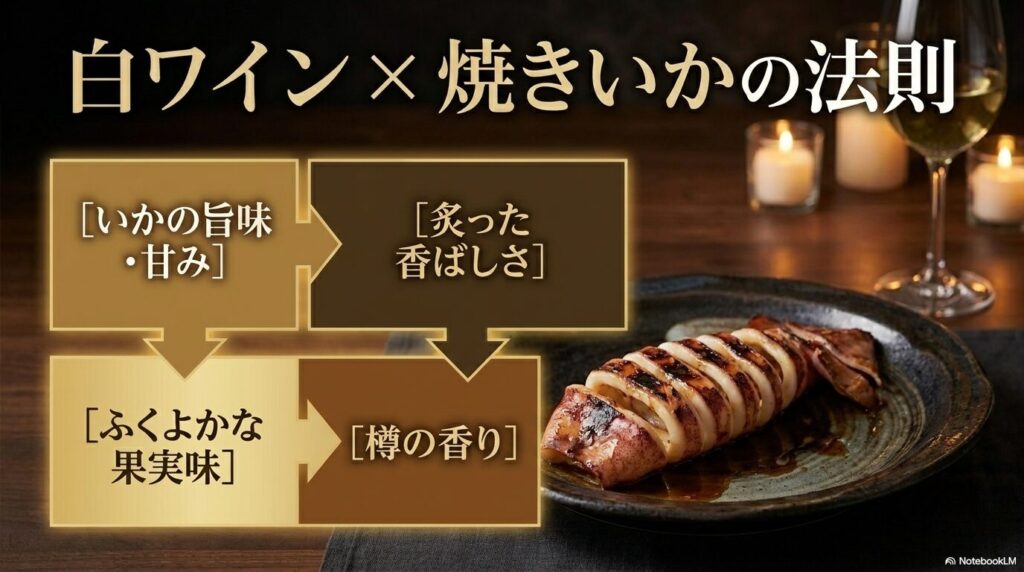 いかの旨味や炙った香ばしさが、白ワインのふくよかな果実味や樽の香りと見事に調和するペアリングの法則