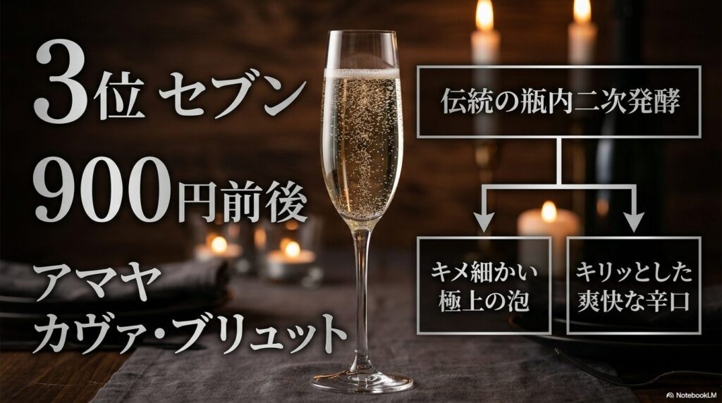伝統の瓶内二次発酵で造られたセブンイレブンのスパークリングワイン「アマヤ カヴァ・ブリュット」(900円前後)のキメ細かい泡と爽快な辛口