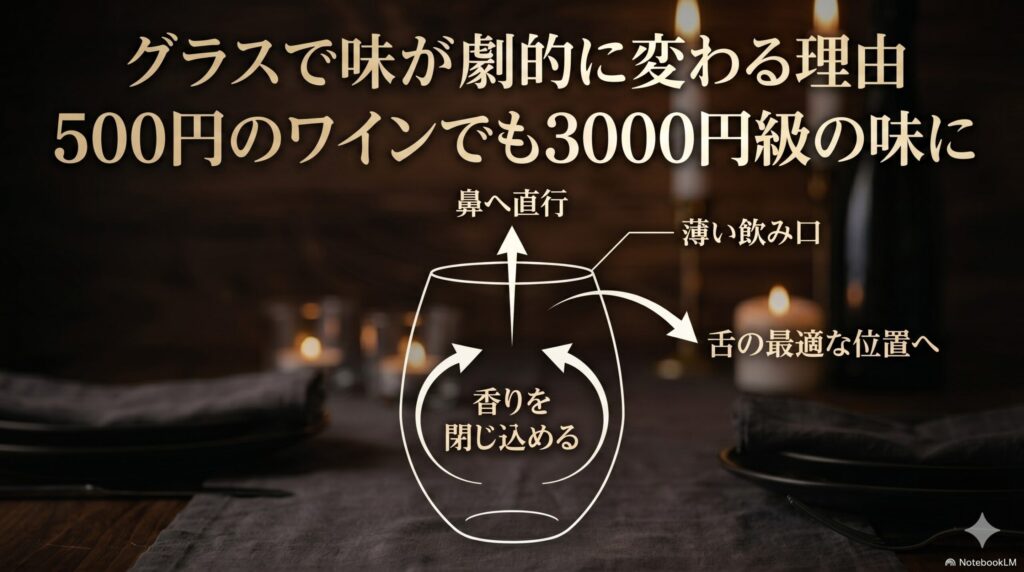 香りを閉じ込めて鼻へ直行させ、薄い飲み口で舌の最適な位置へワインを届ける、グラスで味が劇的に変わる理由
