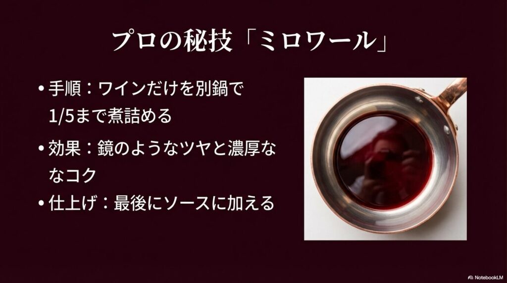 ワインだけを別鍋で1/5まで煮詰めて最後に加えることで、鏡のようなツヤと濃厚なコクを出す手順