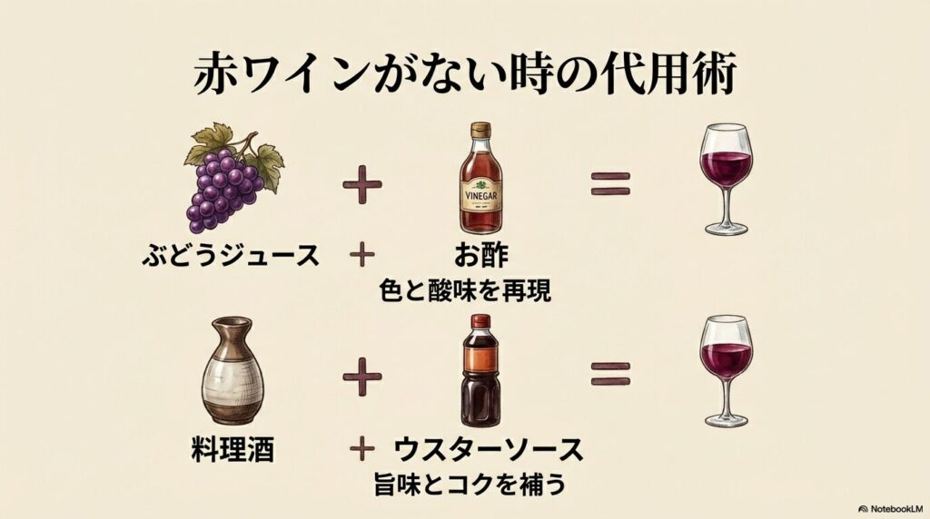 ぶどうジュースとお酢で色と酸味を再現、料理酒とウスターソースで旨味とコクを補う代用方法のイラスト