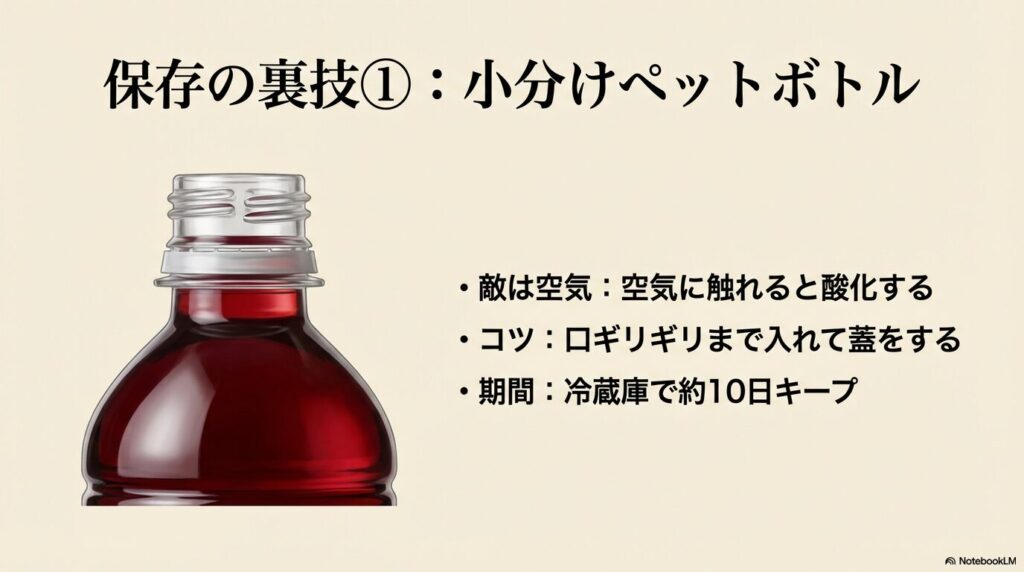 敵である空気(酸化)を防ぐため、口ギリギリまで入れて冷蔵庫で約10日キープする保存のコツ