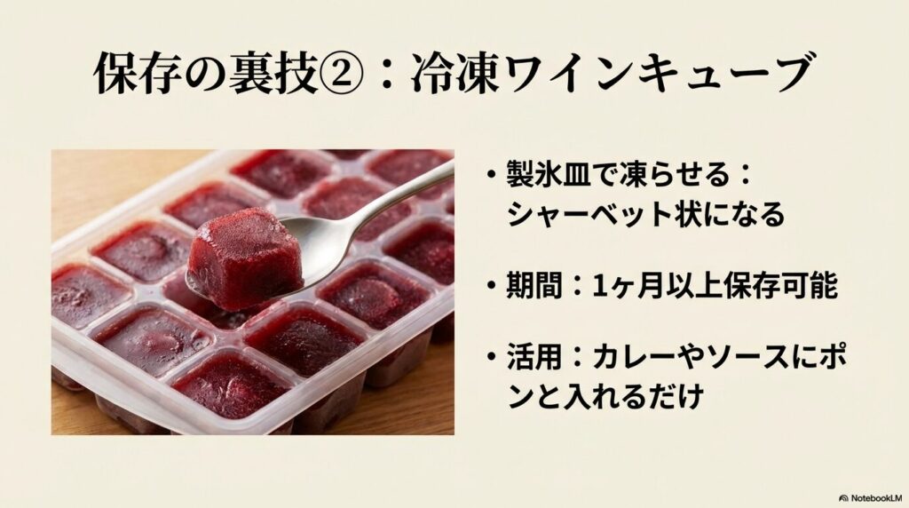 製氷皿で凍らせてシャーベット状にし、カレーやソースにポンと入れるだけの長期保存・活用法