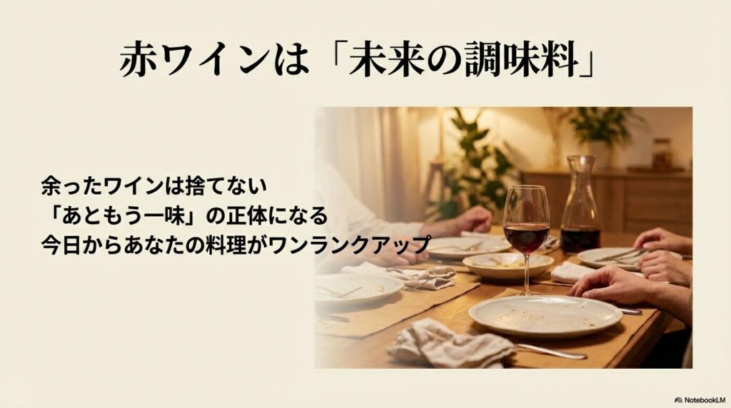 余ったワインは捨てずに「あともう一味」の正体として活用しようというメッセージ