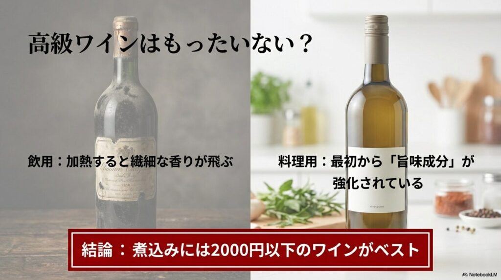 お肉をホロホロにする、深いコクと旨味を与える、臭みを消して上品にするといった赤ワインの調理効果の図解