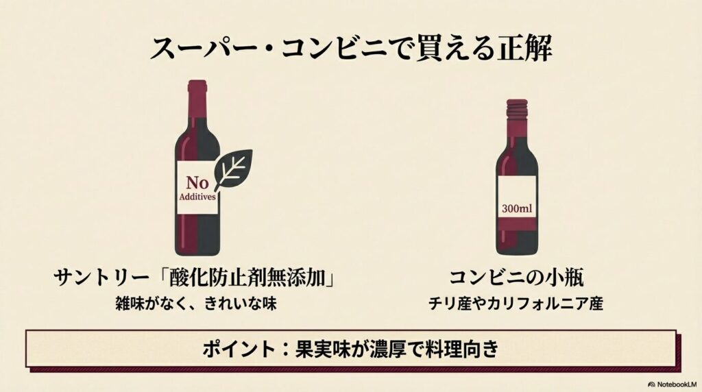 サントリーの酸化防止剤無添加ワインやコンビニの小瓶チリ・カリフォルニア産ワインが料理向きであるという紹介