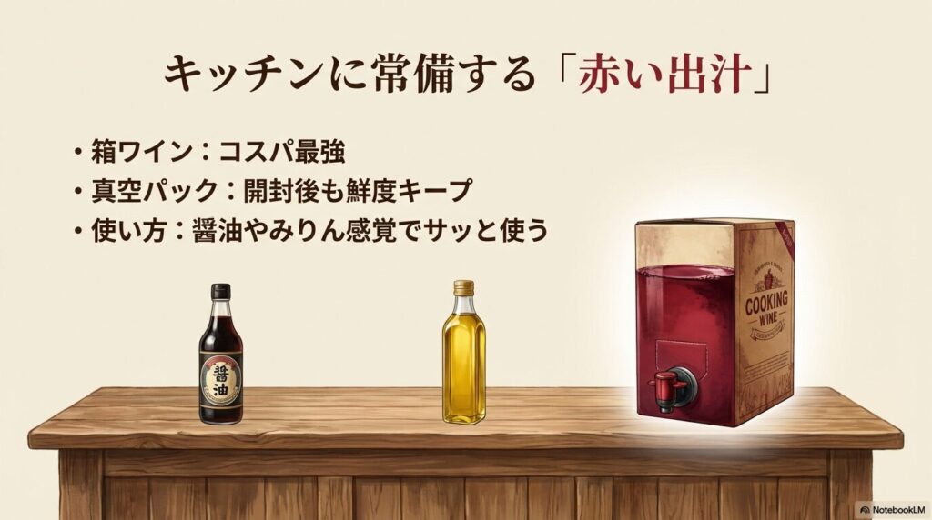 真空パックで鮮度をキープできる箱ワインを、醤油やみりん感覚でサッと使う提案の図解