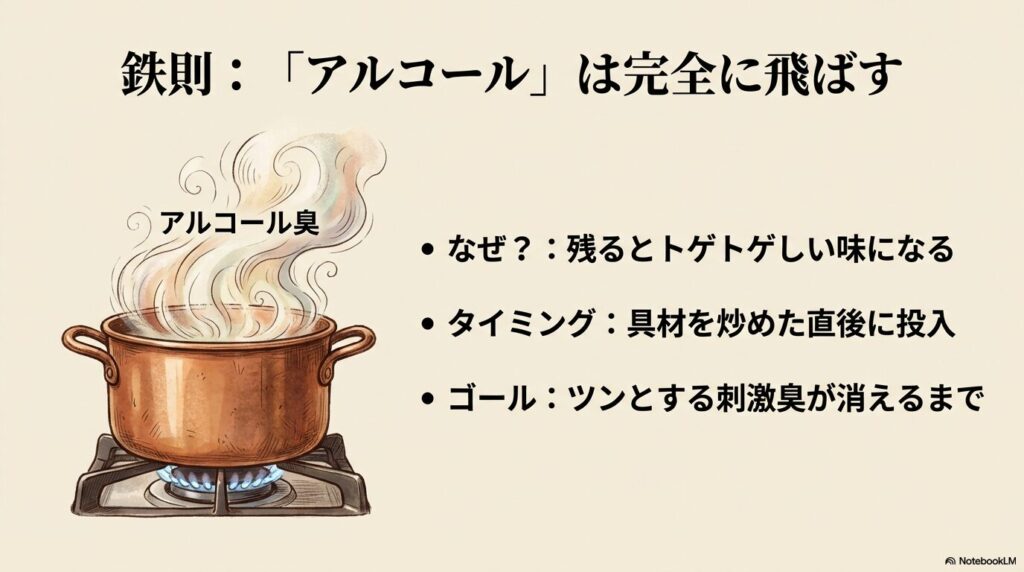 アルコールが残るとトゲトゲしい味になる理由、投入タイミング、ツンとした臭いが消えるまで飛ばすゴールの図解