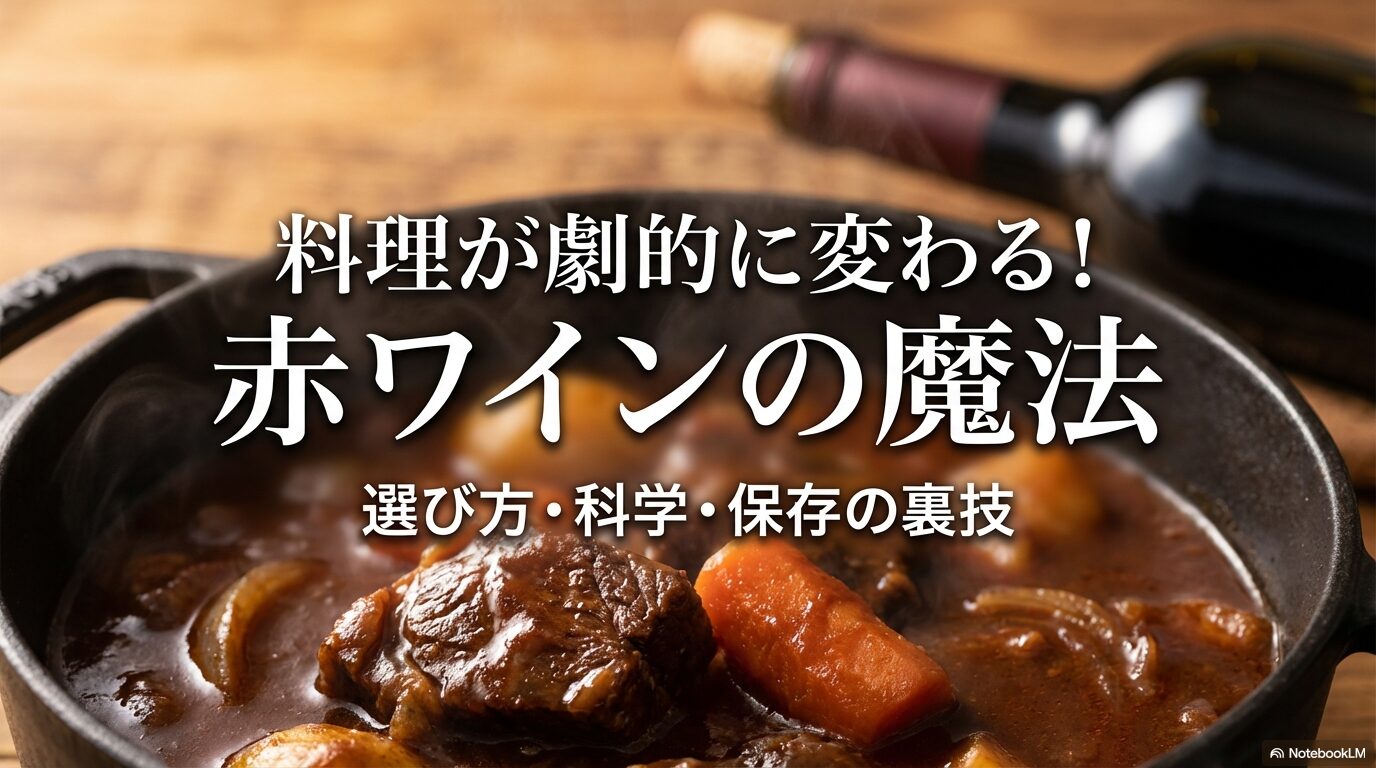料理用赤ワインの選び方、科学的効果、保存の裏技を解説するスライドの表紙