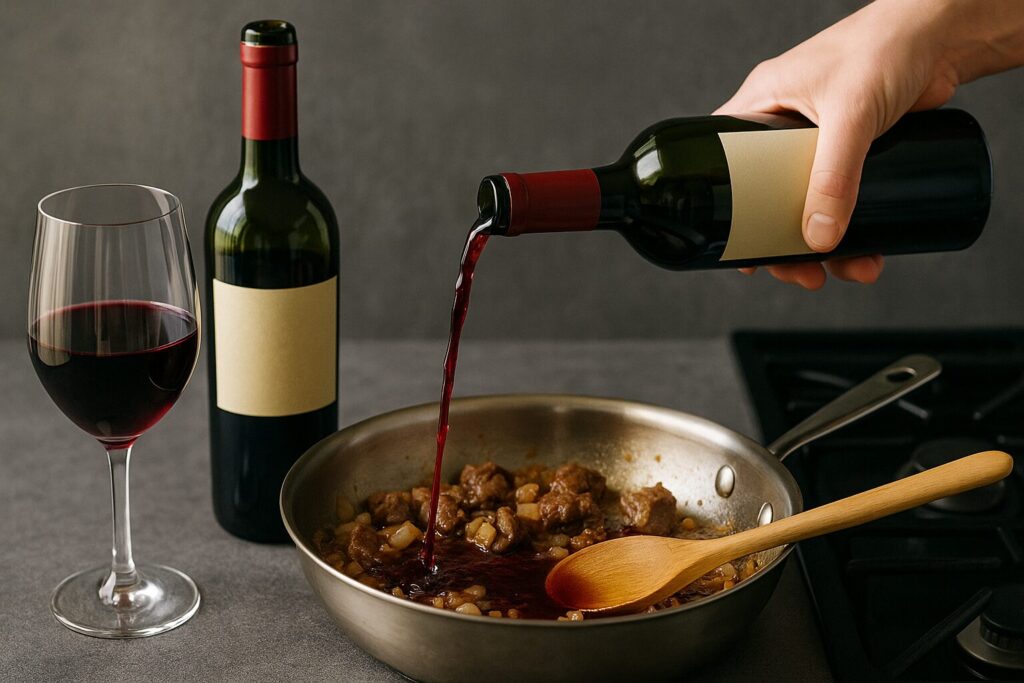 フライパンで肉と玉ねぎを炒めながら赤ワインを注ぎ、料理に活用している様子