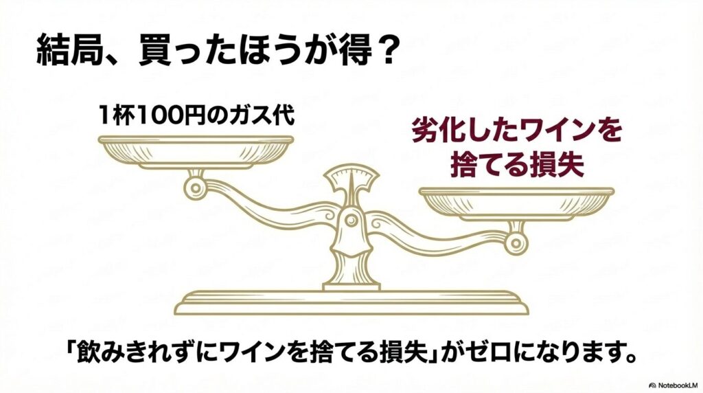 1杯100円のガス代で劣化したワインを捨てる損失を防げる費用対効果