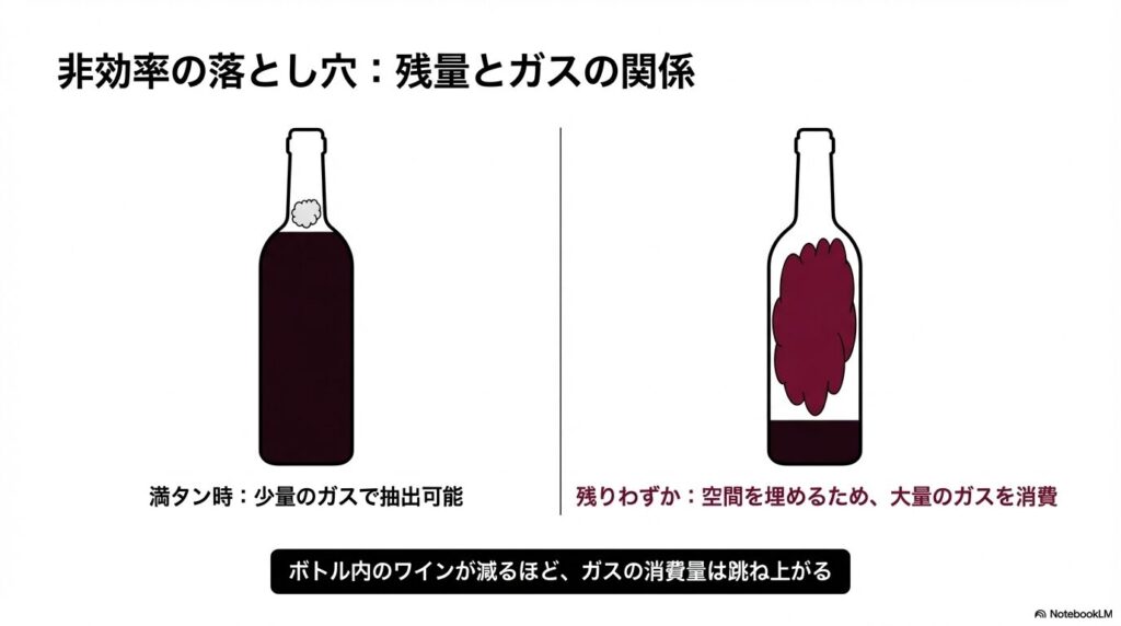 乾燥した古いコルクでは針を抜いた後の穴が塞がらず、空気が入ってワインが劣化する欠点を解説するスライド