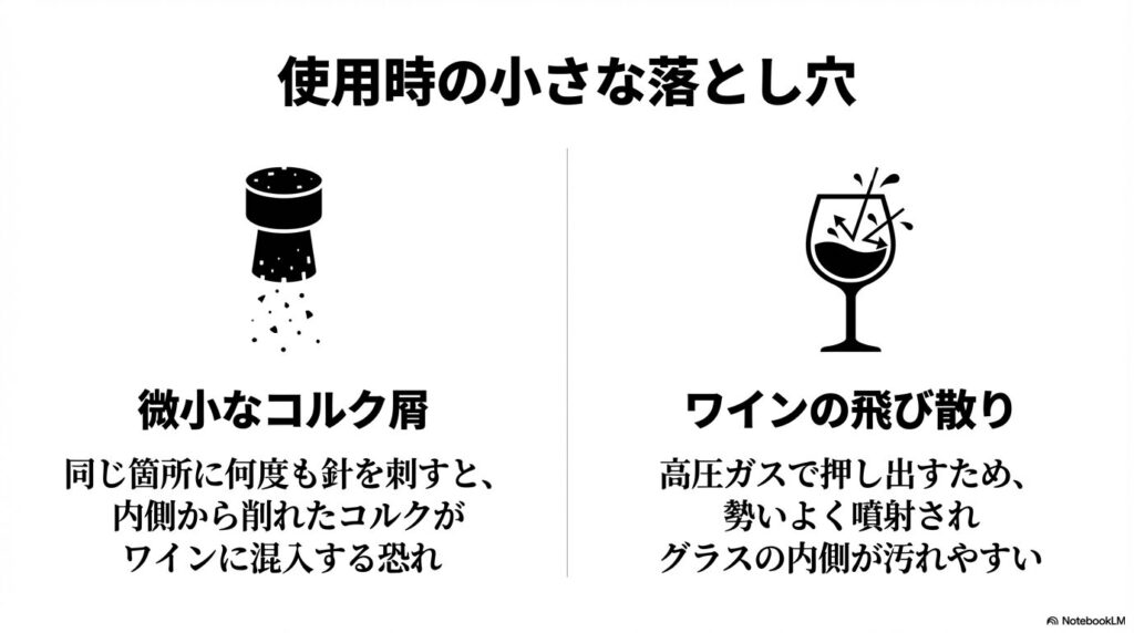 針でコルクが削れる?グラスへの飛び散り問題