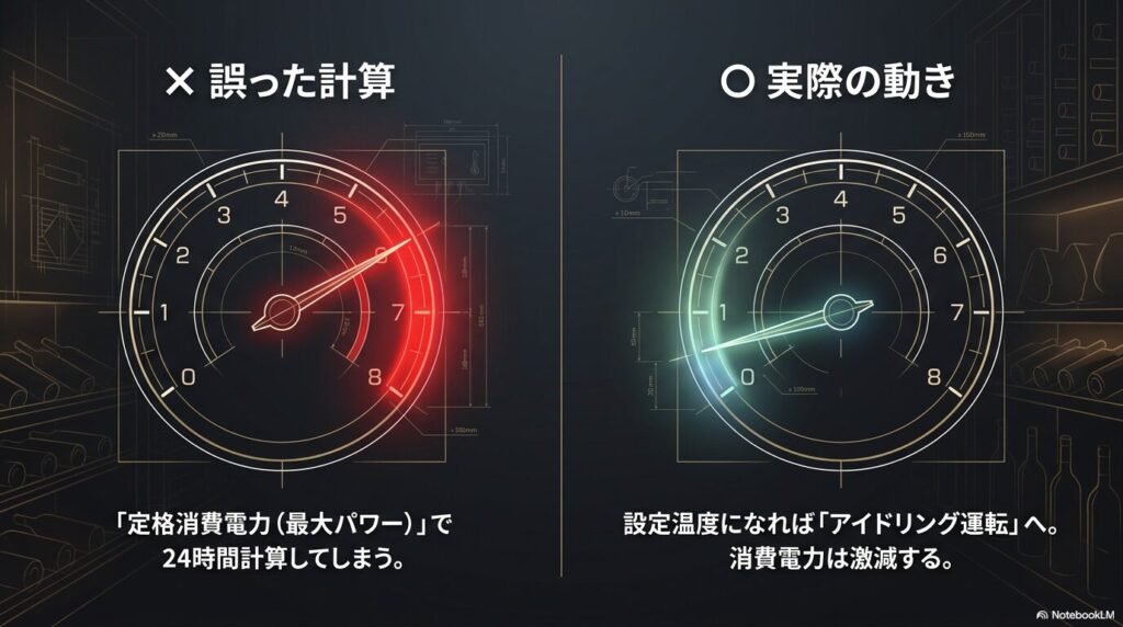 定格消費電力で24時間計算する誤りと、設定温度到達後のアイドリング運転による実際の消費電力低下を示すメーター図