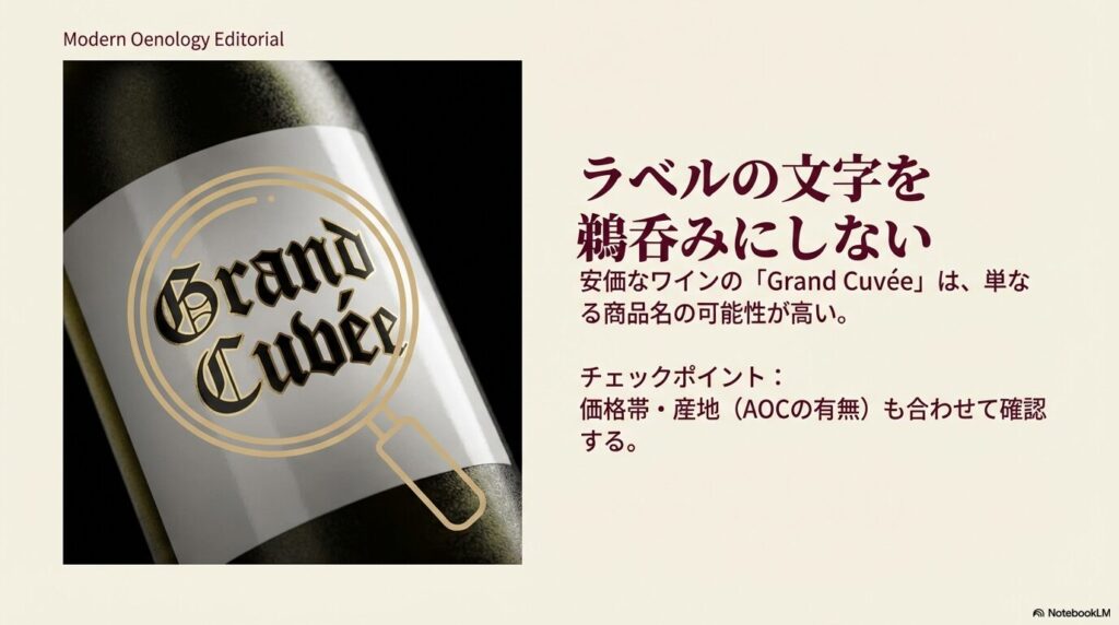 安価なワインの「Grand Cuvée」は単なる商品名の可能性があるため、価格や産地（AOC）も確認すべきという注意喚起のスライド。