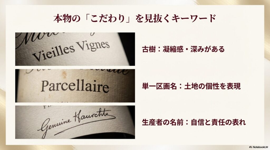 Vieilles Vignes（古樹）、Parcellaire（単一区画）、生産者の名前など、本物のこだわりを示すラベル用語の解説。