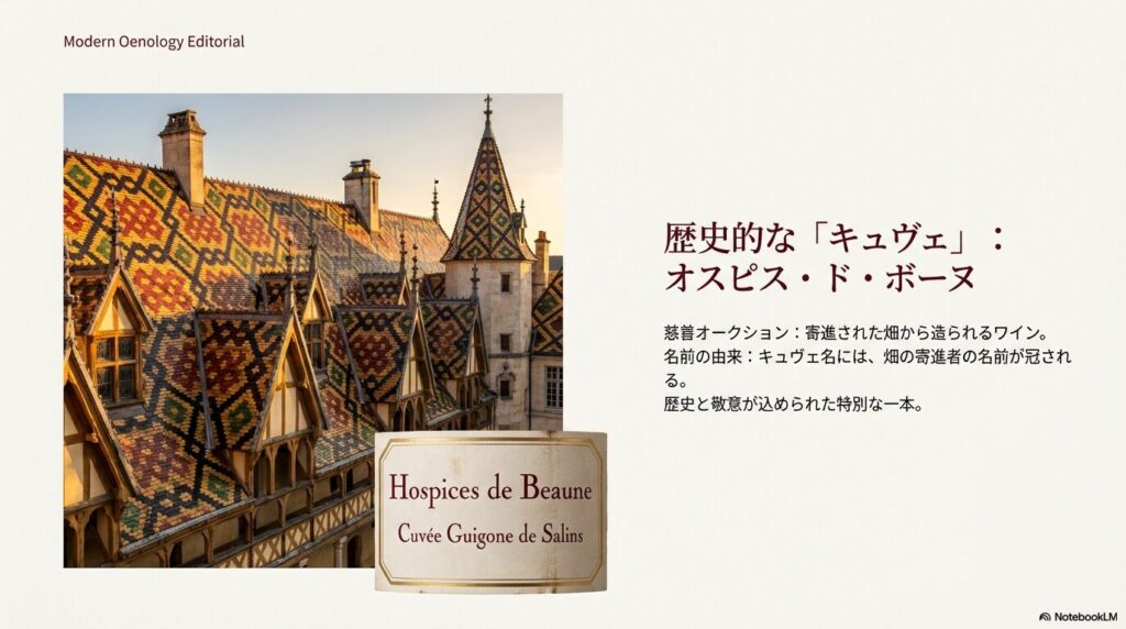 慈善オークションで知られるオスピス・ド・ボーヌの、寄進者の名を冠した特別なキュヴェの仕組みを説明するスライド。