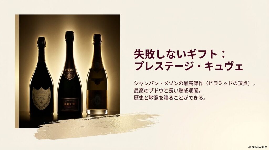 ドン・ペリニヨンやクリュッグなど、シャンパンメゾンの最高傑作であるプレステージ・キュヴェを紹介する画像。