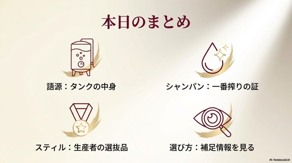 語源（タンクの中身）、シャンパン（一番搾り）、スティルワイン（選抜品）など、記事の要点をアイコンでまとめたスライド。