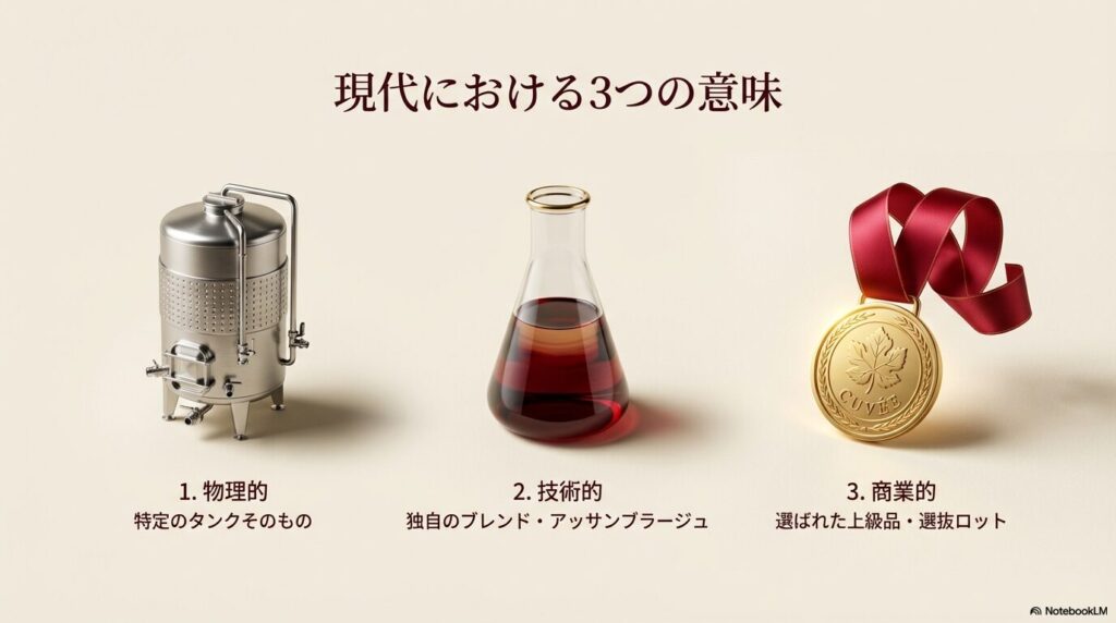 キュヴェの物理的な意味（タンク）、技術的な意味（ブレンド）、商業的な意味（選抜品）を整理したスライド。