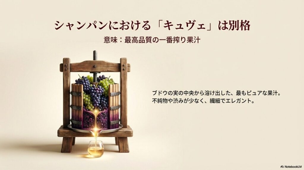 ブドウの中央から溶け出した最もピュアな「一番搾り果汁」をキュヴェと呼ぶことを示す、木製圧搾機のイラスト。