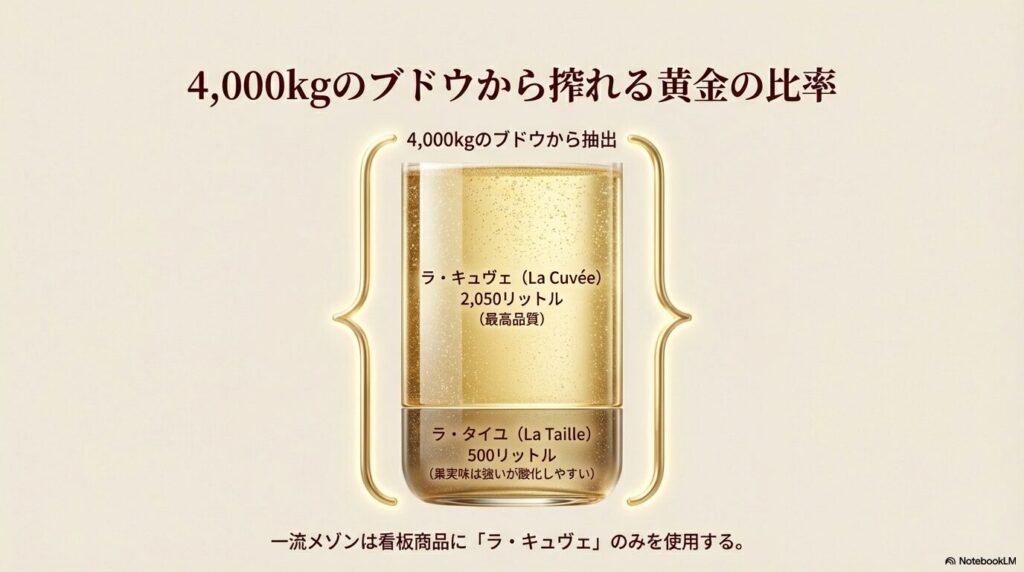 4,000kgのブドウから搾れる「ラ・キュヴェ（2,050L）」と「ラ・タイユ（500L）」の量と品質の違いを比較した図。