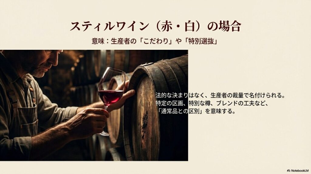 スティルワインでは法的な決まりがなく、生産者の裁量で「通常品との区別」や「こだわり」として名付けられることを説明する画像。