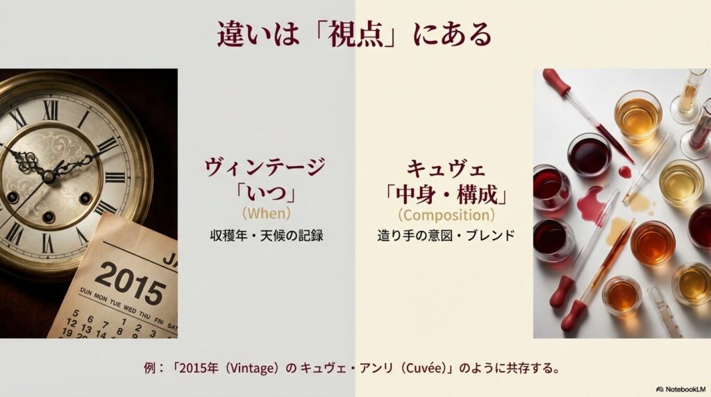 収穫年（When）を記録するヴィンテージと、中身・構成（Composition）を指すキュヴェの視点の違いを対比させた図解。