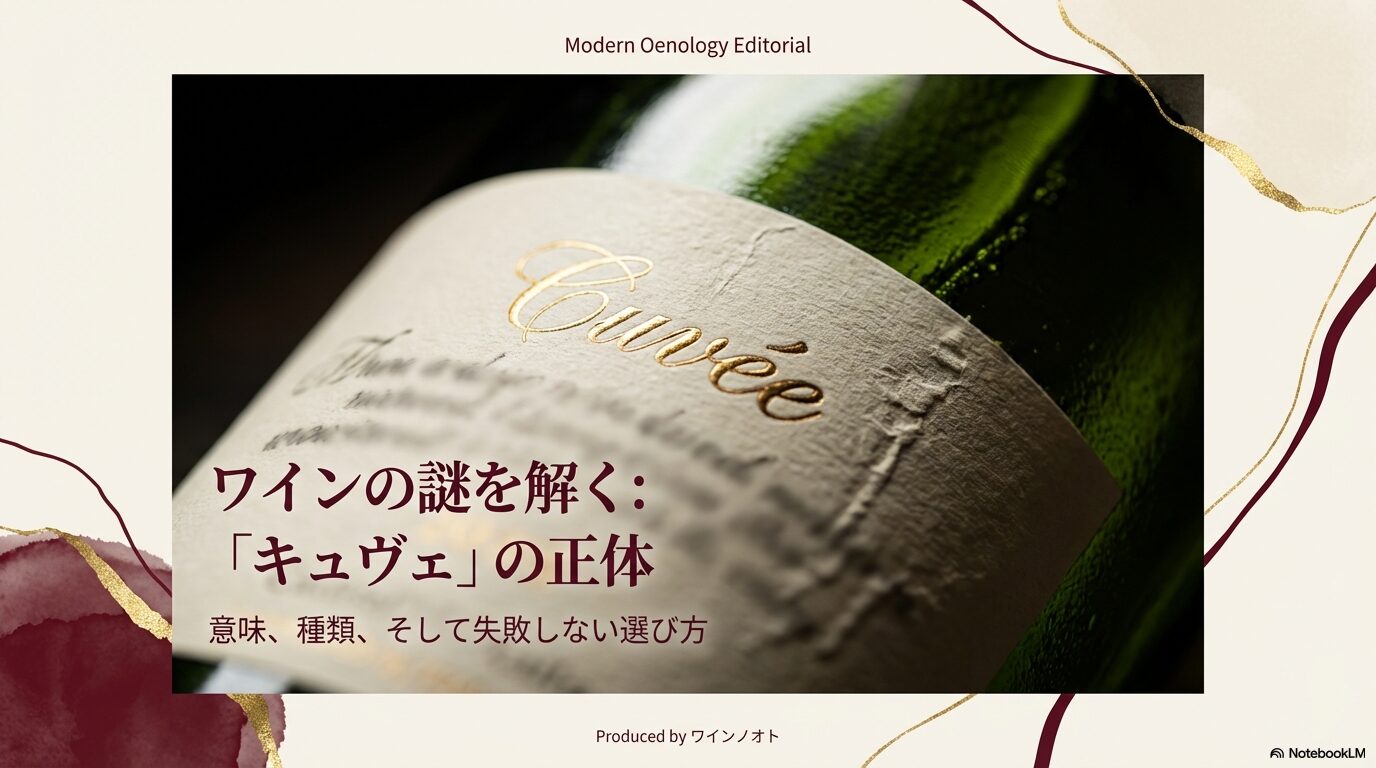 ワインの謎を解く「キュヴェ」の正体。意味、種類、失敗しない選び方を解説するプレゼンスライドの表紙。