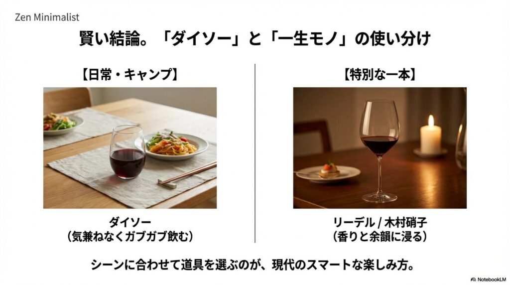 日常やキャンプにはダイソー、特別な一本にはリーデルや木村硝子というシーンに合わせた使い分けを提案するまとめスライド