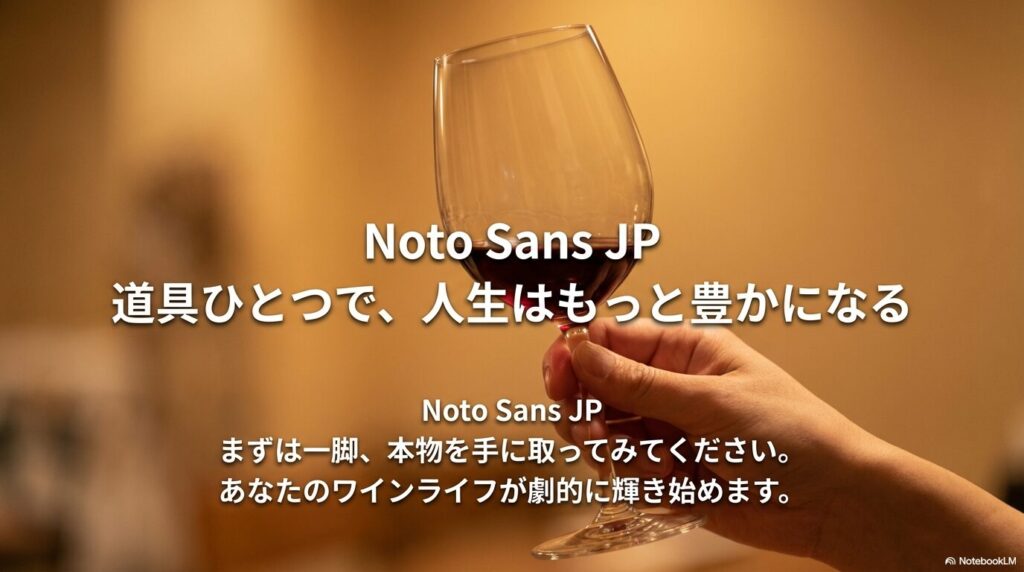 本物のグラスを手に取ることでワインライフが劇的に輝き始めるというメッセージを伝えるエンディングスライド