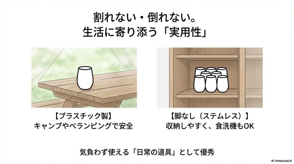 キャンプで安全なプラスチック製と、収納しやすく食洗機対応のステムレス（脚なし）ワイングラスを紹介するスライド