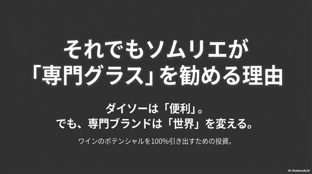 ダイソーの便利さと、ワインのポテンシャルを100%引き出す専門ブランドへの投資価値を比較するスライド