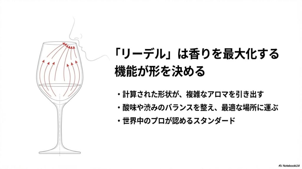 計算された形状により複雑なアロマを引き出し、味わいのバランスを整えるリーデルのグラスの仕組みを説明する図解