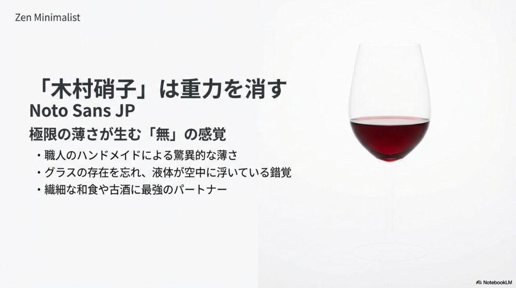 職人のハンドメイドによる驚異的な薄さで、液体が空中に浮いているような錯覚を生む木村硝子のグラスの魅力を解説するスライド