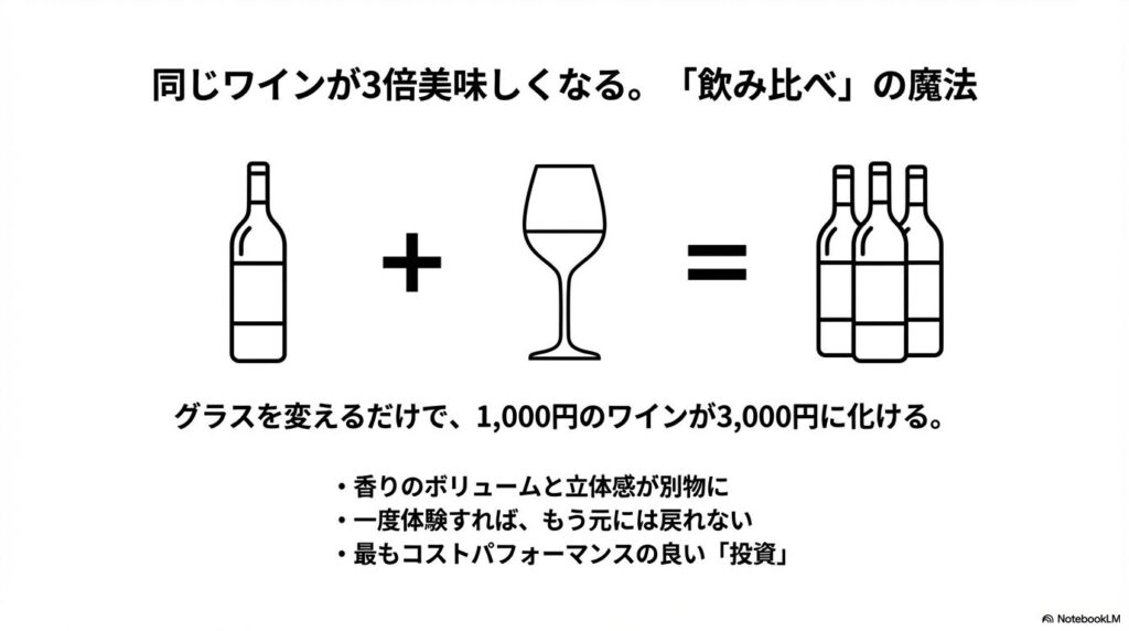 グラスを変えるだけで1,000円のワインが3,000円の味わいに化ける、香りの立体感やコストパフォーマンスを説明するスライド