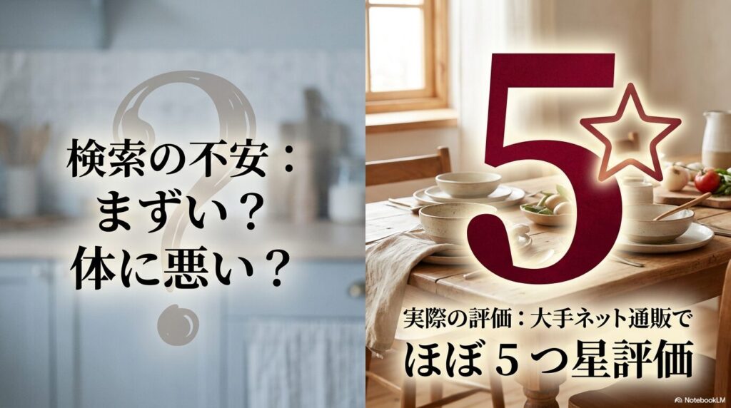 まずい、体に悪いといった検索の不安に対して、大手ネット通販でほぼ5つ星という実際の評価