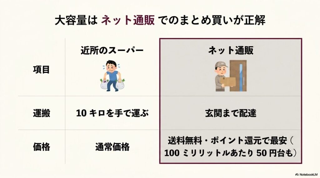 10キロを手で運ぶ近所のスーパーと比較して、送料無料やポイント還元で最安になり玄関まで配達されるネット通販でのまとめ買いが正解