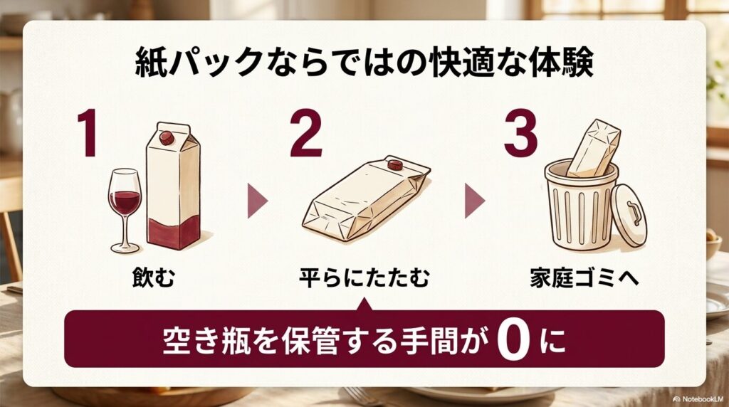 飲む、平らにたたむ、家庭ゴミへの3ステップで空き瓶を保管する手間が0になる、紙パックならではの快適な体験