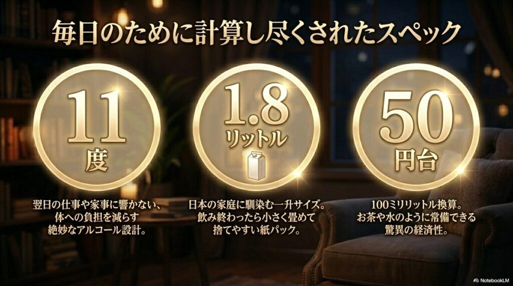 アルコール度数11度、1.8リットルの紙パック、100mlあたり50円台という計算し尽くされたスペック