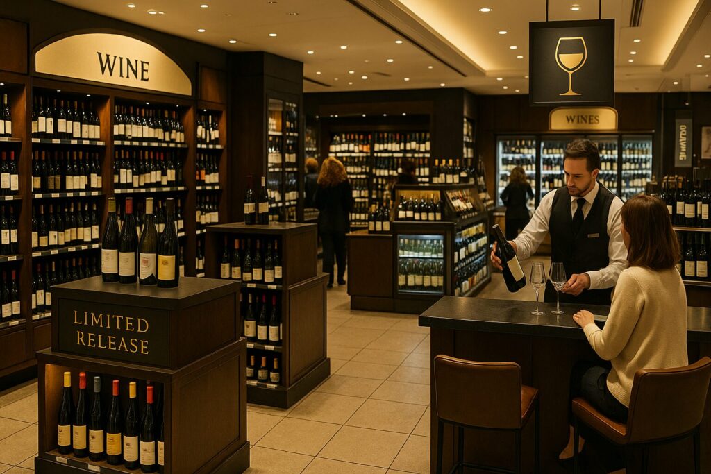百貨店のワイン売り場で限定コーナーとテイスティングカウンターが並びソムリエがグラスに注ぐ様子が見える16対9の写真