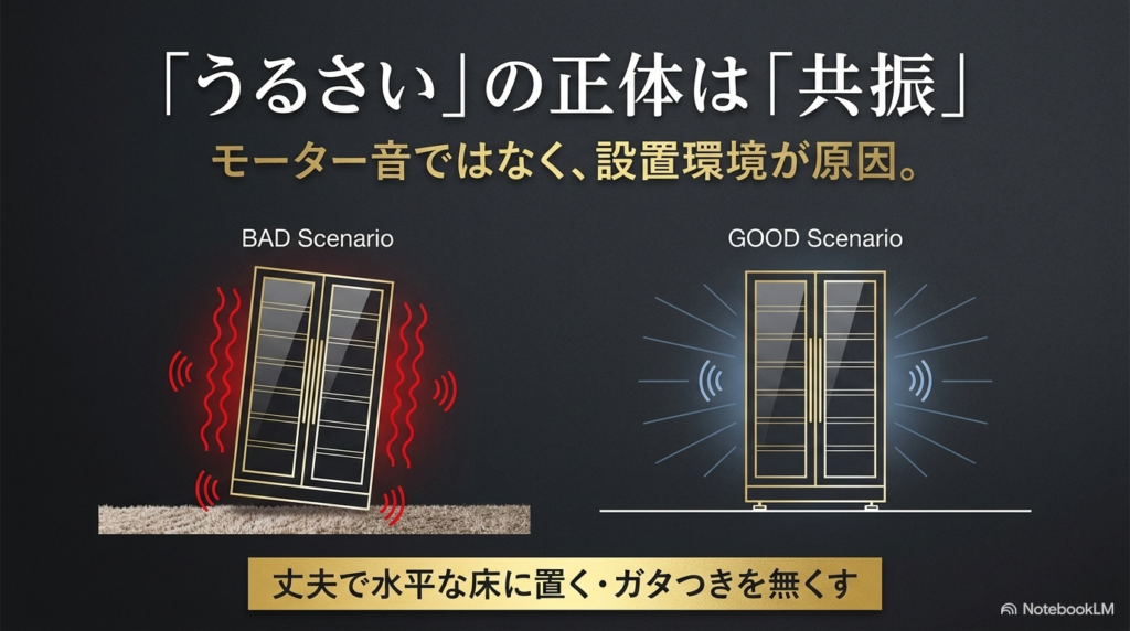 ワインセラーがうるさい正体はモーター音ではなく、設置環境の共振であることを示す図